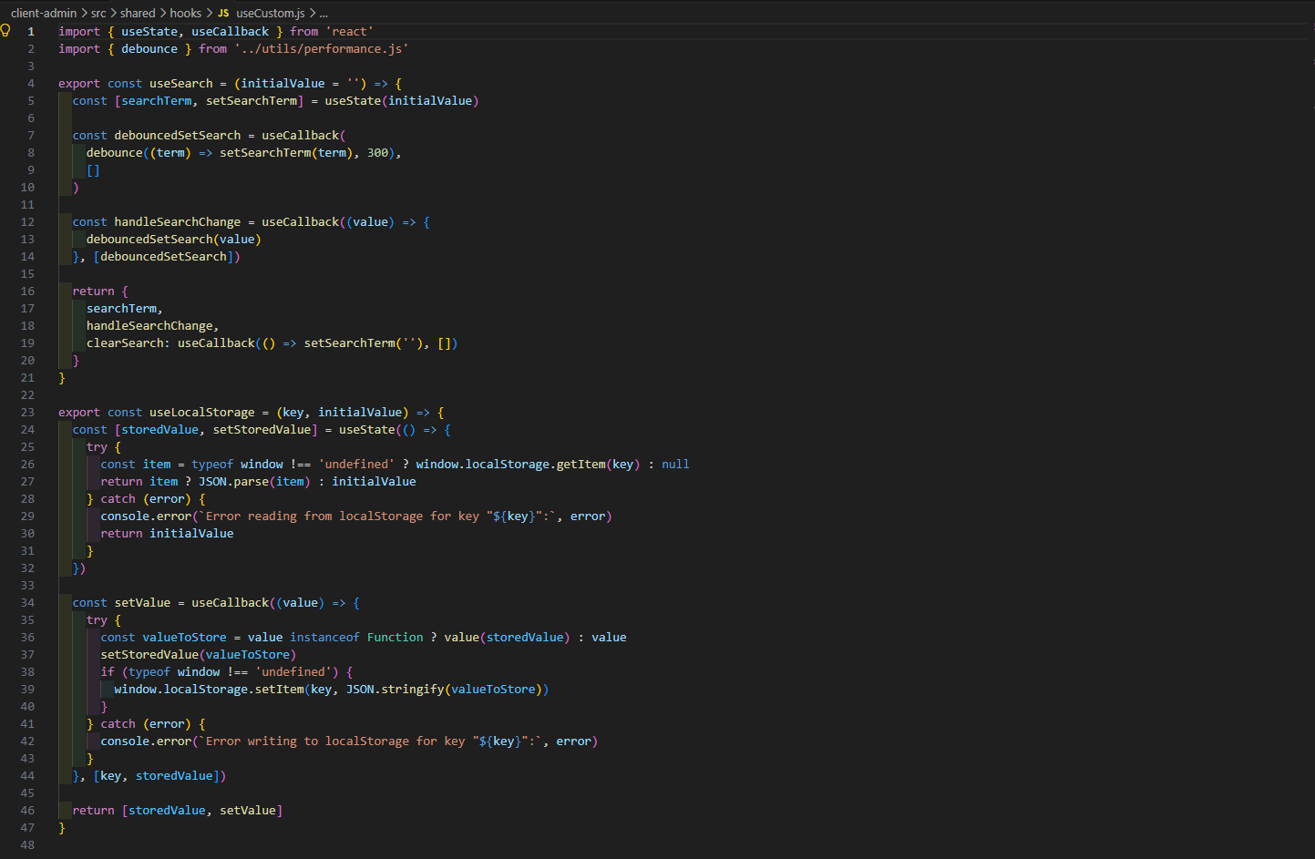 Fragmento de código de AlertaGT: hooks personalizados de React (useSearch, useLocalStorage)