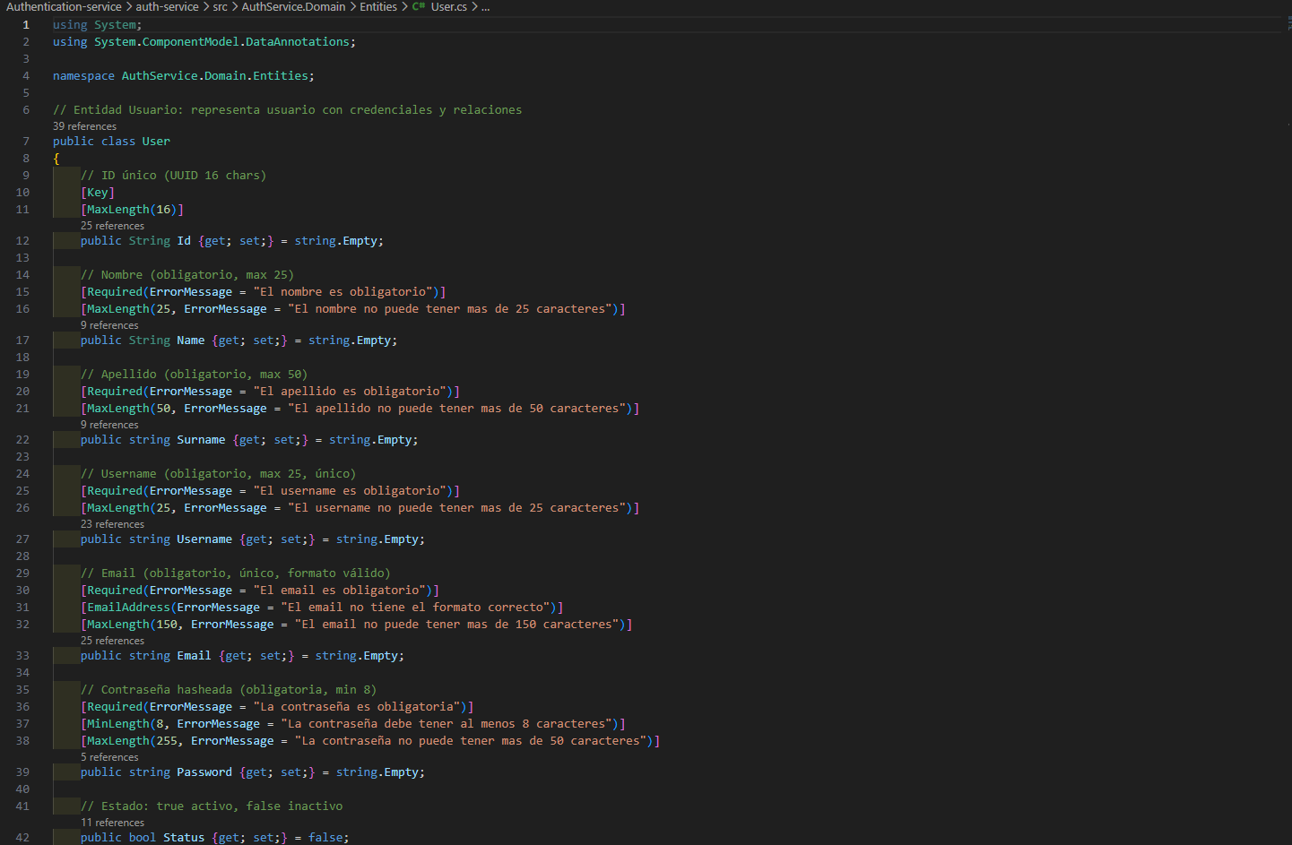 Fragmento de código de FoodPilot: entidad User con validaciones